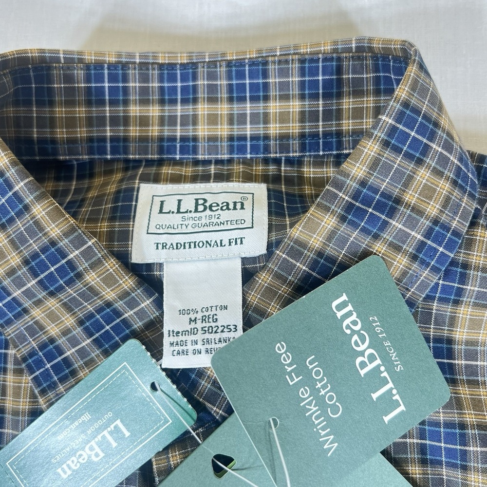 LL Bean Shirt Plaid Blue Tan Cotton Mens M Regular 502253 - Picture 3 of 9